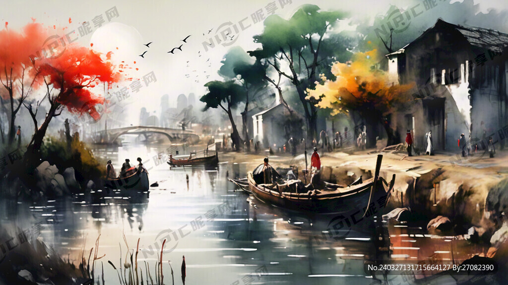 水乡山水 线条 水墨