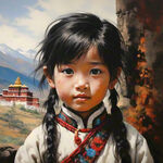 以西藏风景为背景画一幅藏族小朋友爱护眼睛的画