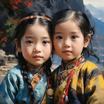 以西藏山水风景为背景画一幅藏族小朋友的一对眼睛
