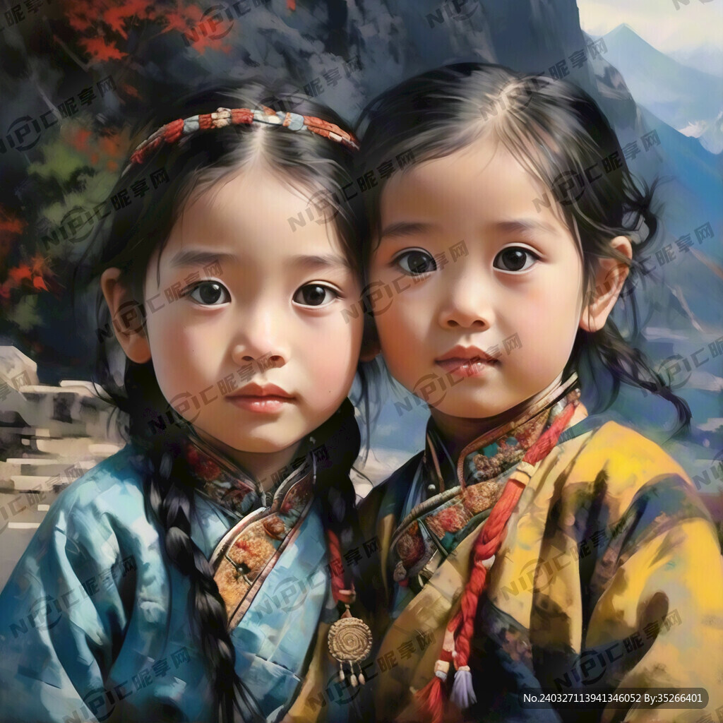 以西藏山水风景为背景画一幅藏族