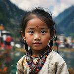 以西藏山水风景为背景画一幅藏族小朋友的眼睛
