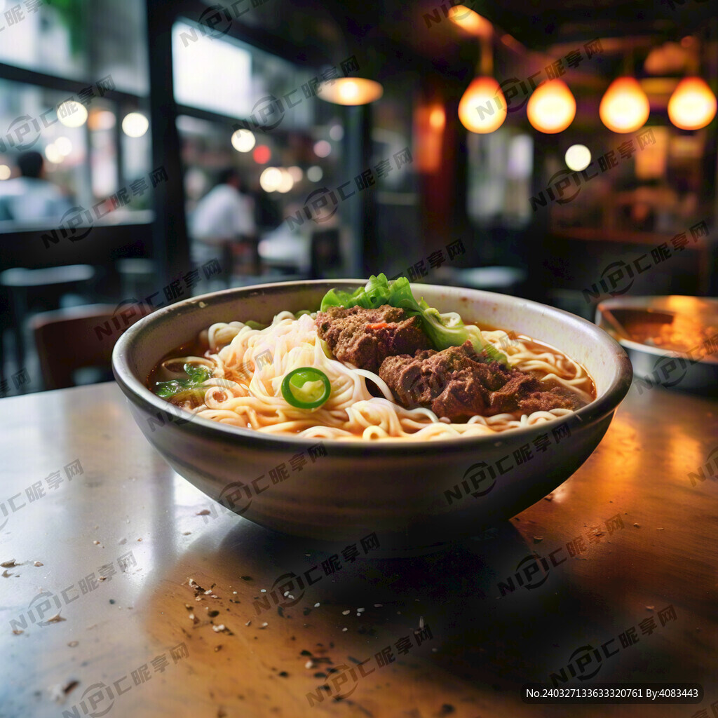 餐饮店背景桌面上一碗牛肉面近景