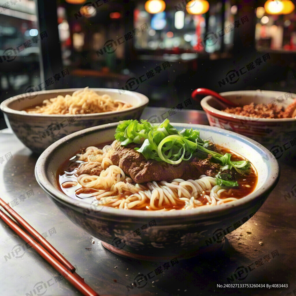 西安餐饮店背景桌面上一碗牛肉面