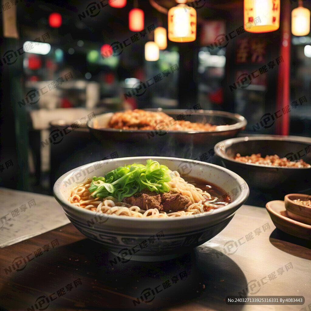 西安餐饮店背景桌面上一碗牛肉面