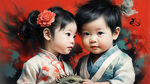 一对男女宝宝和一条喜庆中国龙，红色背景