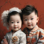 龙年刚出生的可爱男女宝宝，红色背景，体现中国元素，喜庆