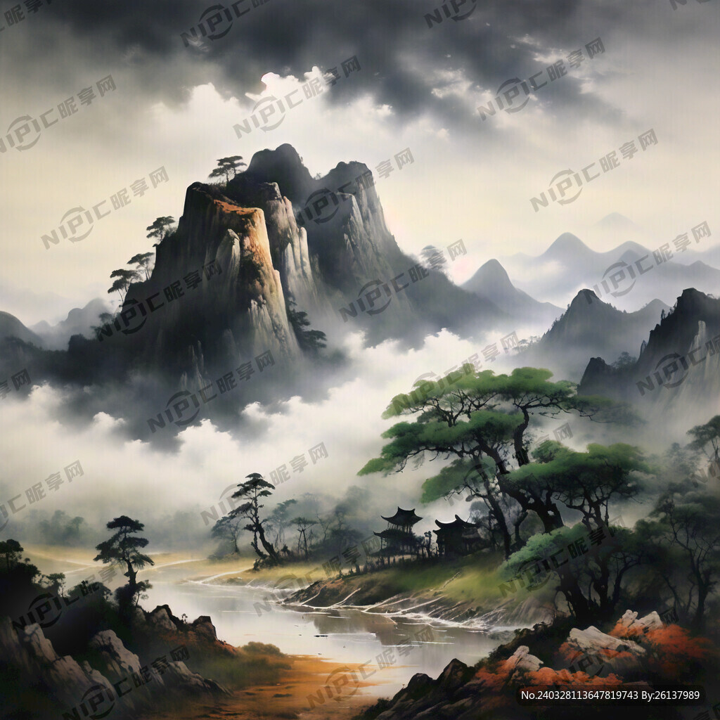 山水田间水墨画