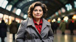 四十岁左右的外国胖中年妇女，在纽约中央车站，穿大衣，胸前别着一支玫瑰花