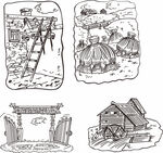 手绘插画房子线条素描线描矢量图