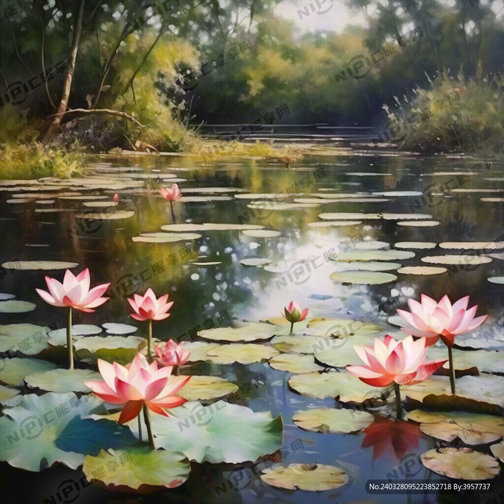 荷花池塘 写实 层次感 油画