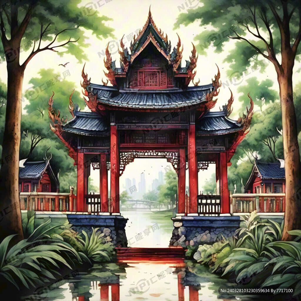 画一幅带有泰国代表性建筑特色的