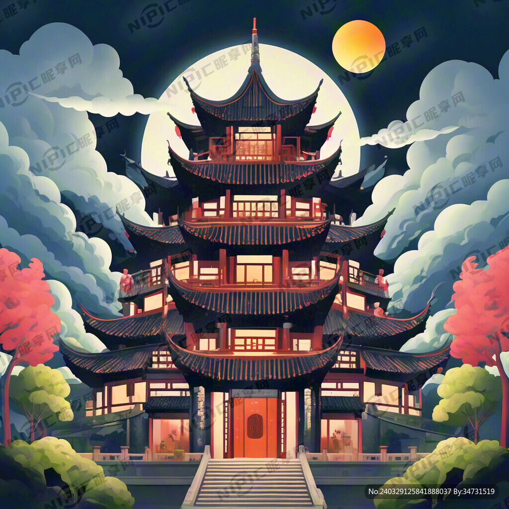 成都青羊宫 扁平化插画 渐变色