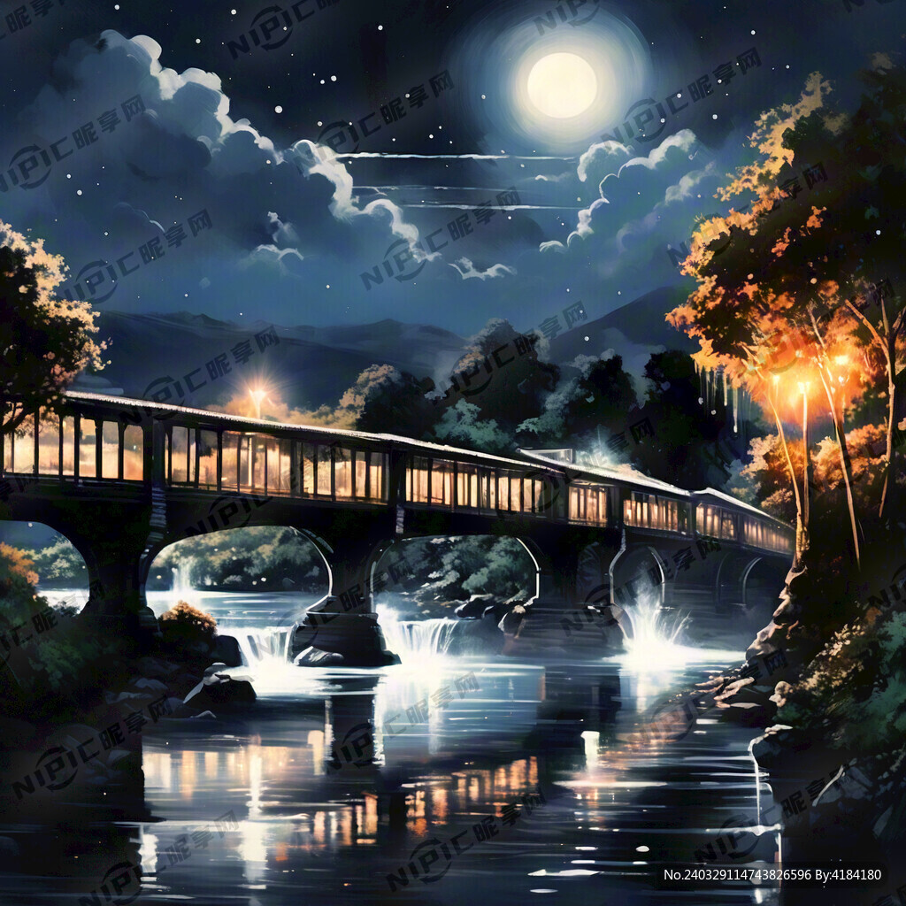 夜景图 联排的廊桥 流水 月色