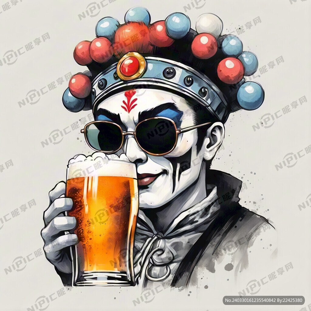 一个京剧人物拿着啤酒杯