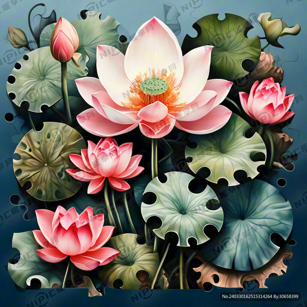 荷花图案组成七块拼图结构