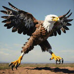 老鹰全身，迷彩，飞在空中，尖喙利爪，抓着球