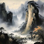 山谷，中国风，中国画，山水，水墨风格，写意，意境，高雅，高清，仙风道骨。