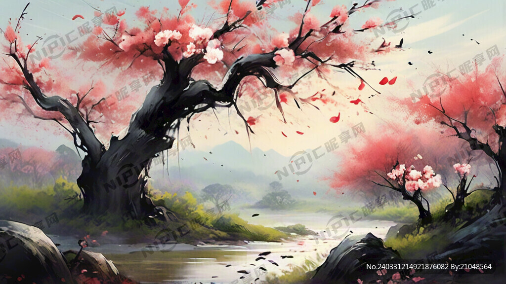 桃花 桃树林 水墨国画风景