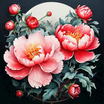 左边粉红色右边红色牡丹，花瓣盛开，丰富，中国风格，扁平化，白色背景