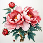 左边粉红色右边红色牡丹，好多花瓣，丰富，中国风格，线条分明，扁平化，白色背景