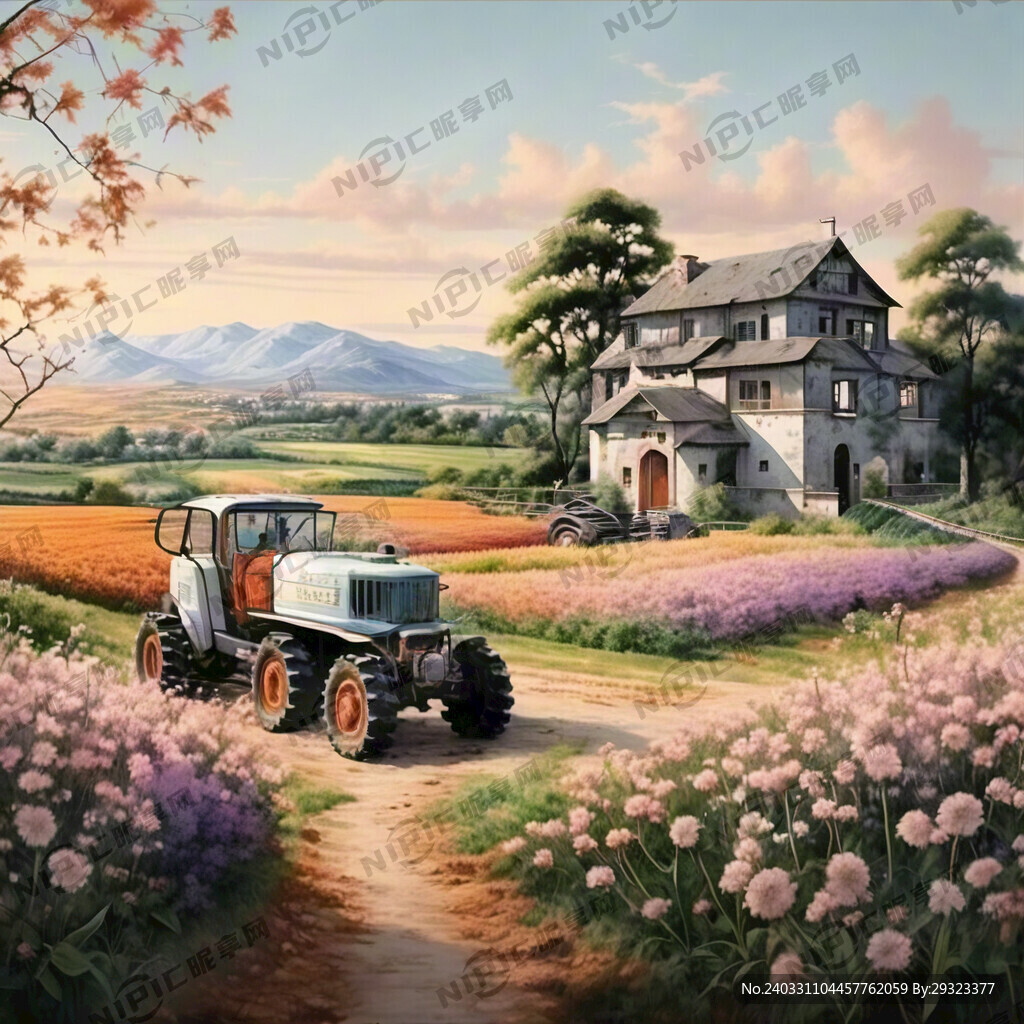 乡村 别墅 青山绿水 农业机械