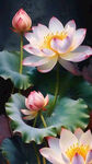 一朵大莲花，粉红颜色，色彩艳丽，荷叶翠绿，透明背景，晶莹剔透，水滴晶莹，美伦美央。