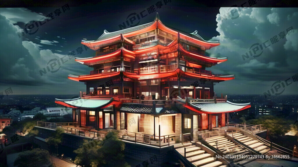 一个古代阁楼 在城市夜色中