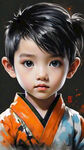 中国功夫儿童 中国武术 橙色衣服 大眼睛 黑色头发 白色底 细腻皮肤