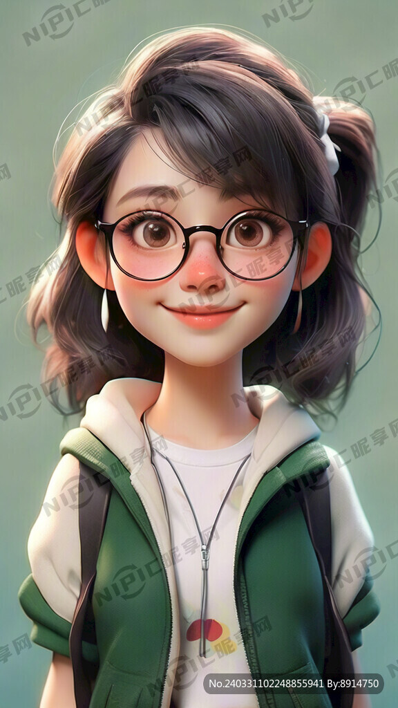 可爱活泼的卡通动画戴眼镜女生全