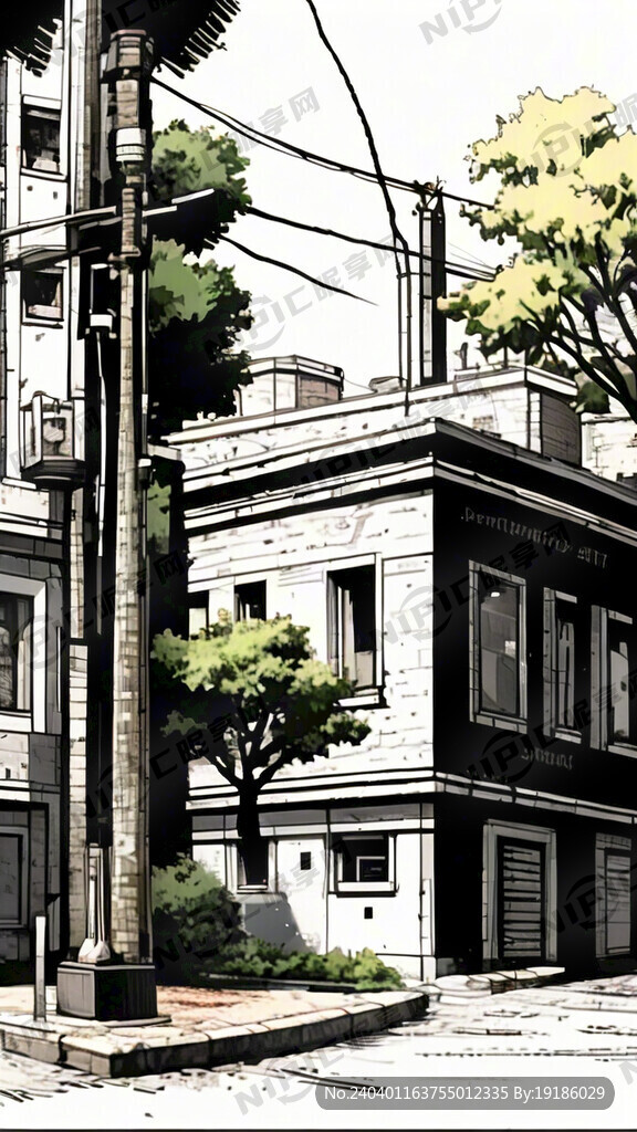 城市街景 建筑树木 手绘线稿