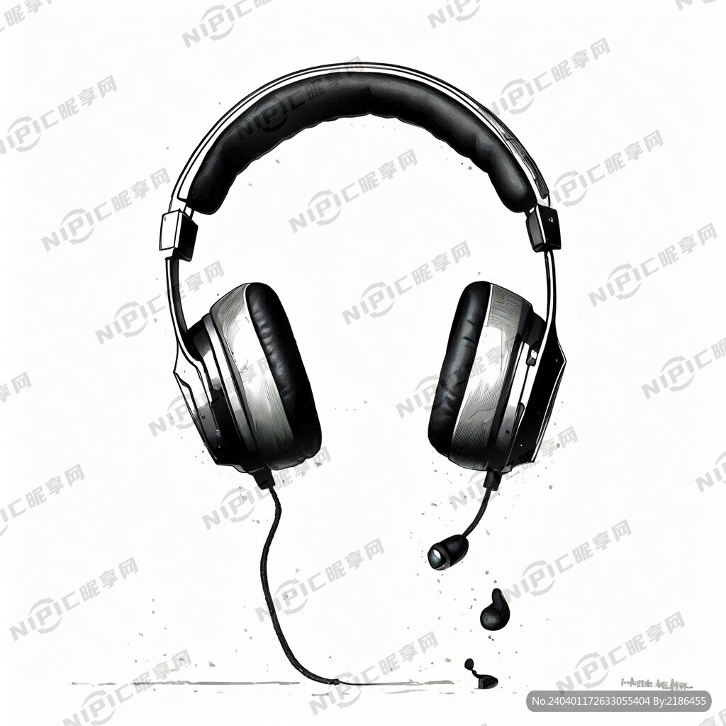 手绘 耳机 音乐 黑白画插画