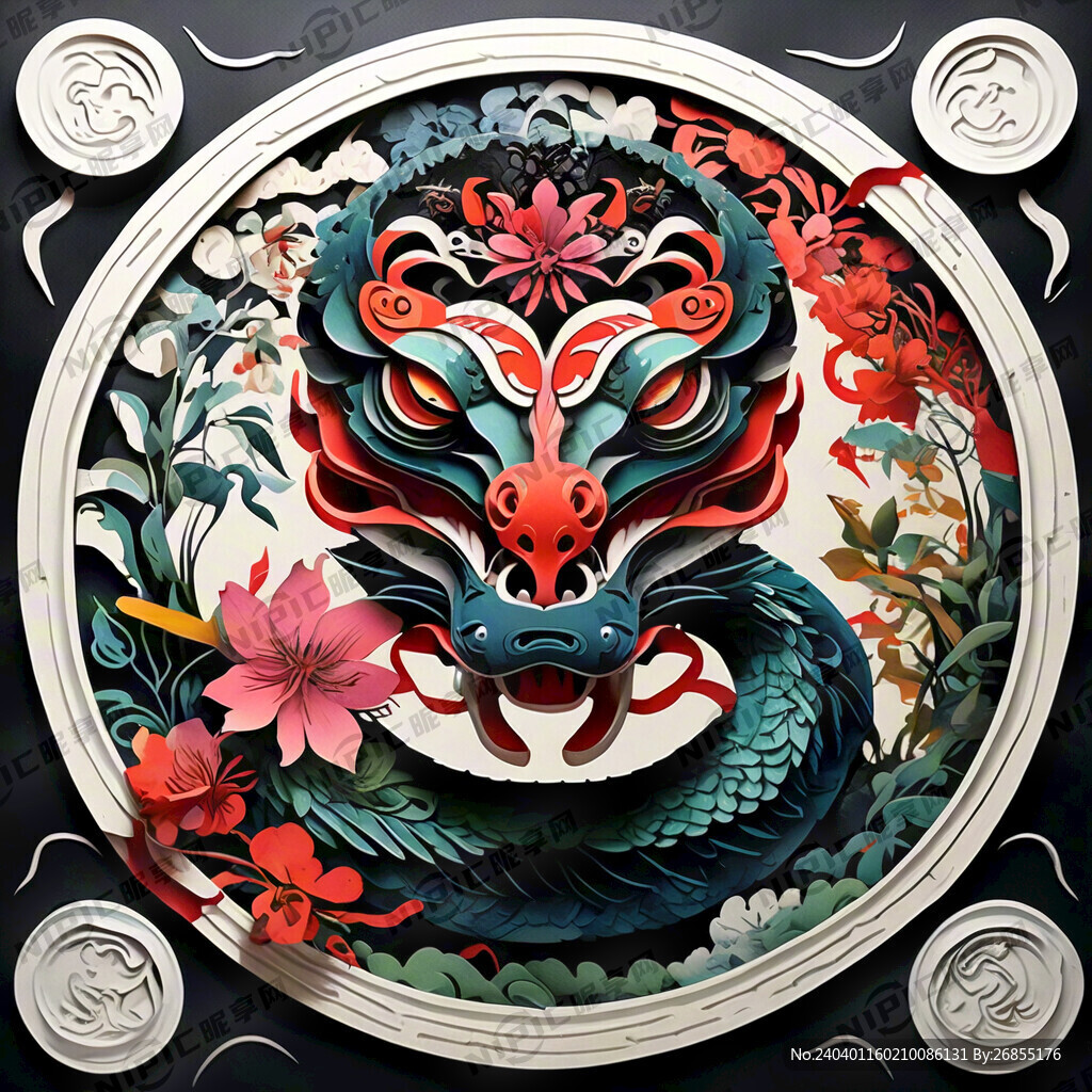 多层剪纸 蛇的头部 正面