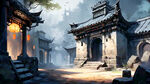 深蓝色背景的网游画面，中国古建筑场景