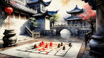 在中国传统建筑背景下，下中国文化棋，色彩绚丽