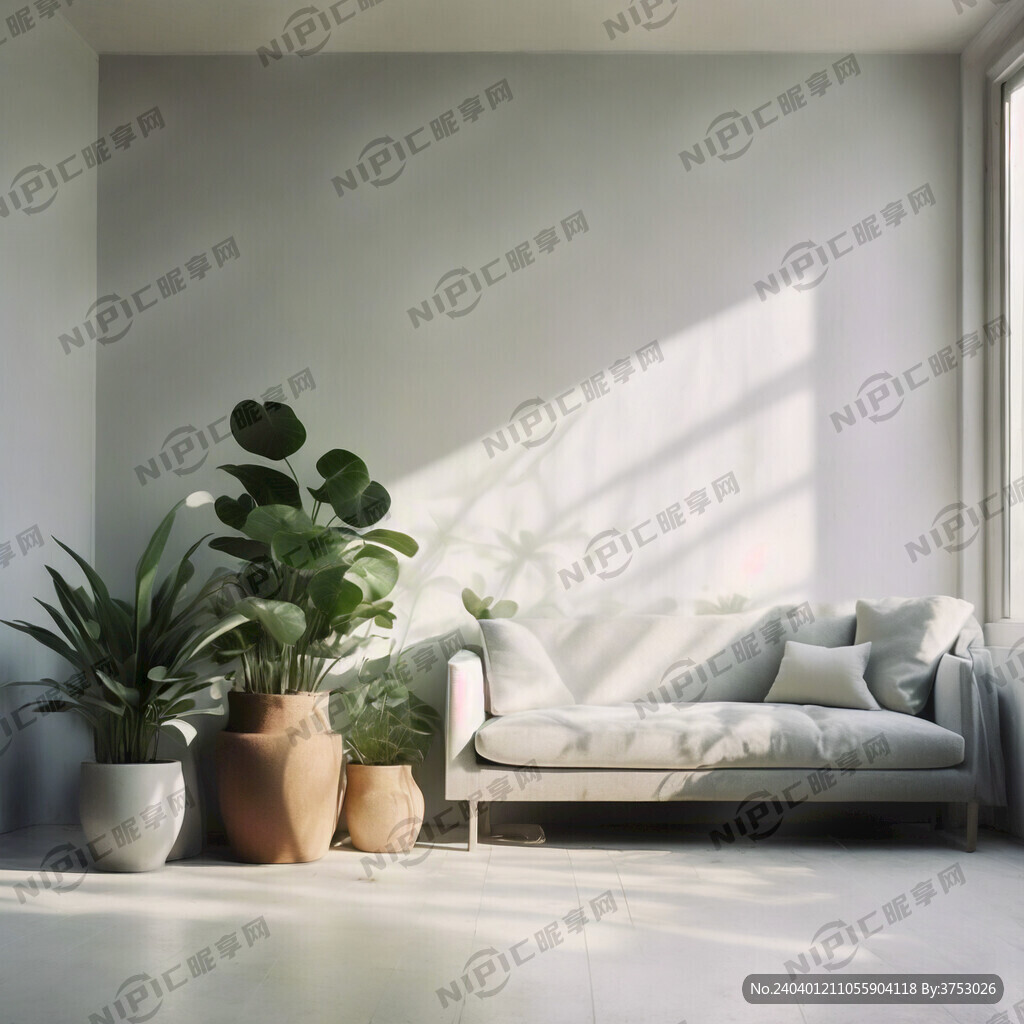 纯白墙 绿植装饰 灰色地面