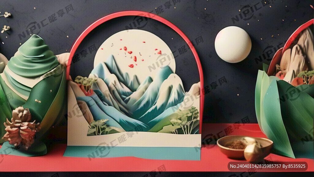 生成一个端午的贺卡 画面有山水