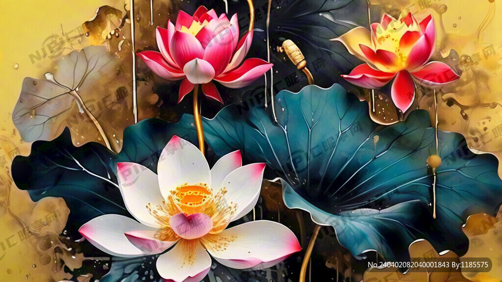 水墨流动荷花金红色荷装饰画3D