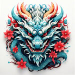 中国龙插画，面目慈祥，矢量风格，龙鳞蓝色，龙头红色，平面花，动感，线条细腻，中国风格，白色背景