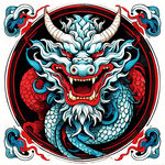 中国龙插画，面目慈祥，矢量风格，龙鳞蓝色，龙头红色，动感，线条细腻，中国风格，白色背景