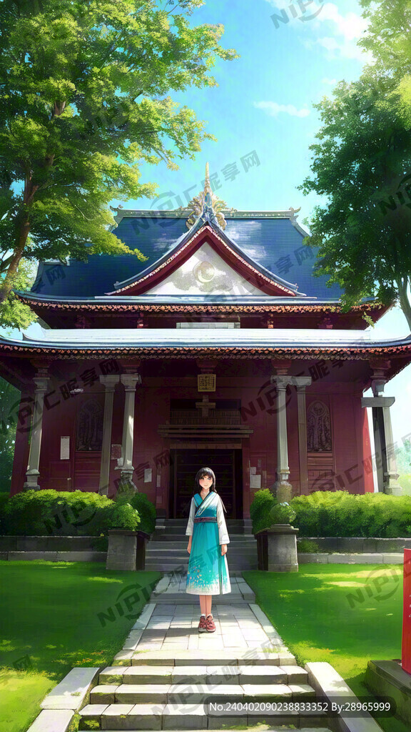 一个女孩站在神殿前