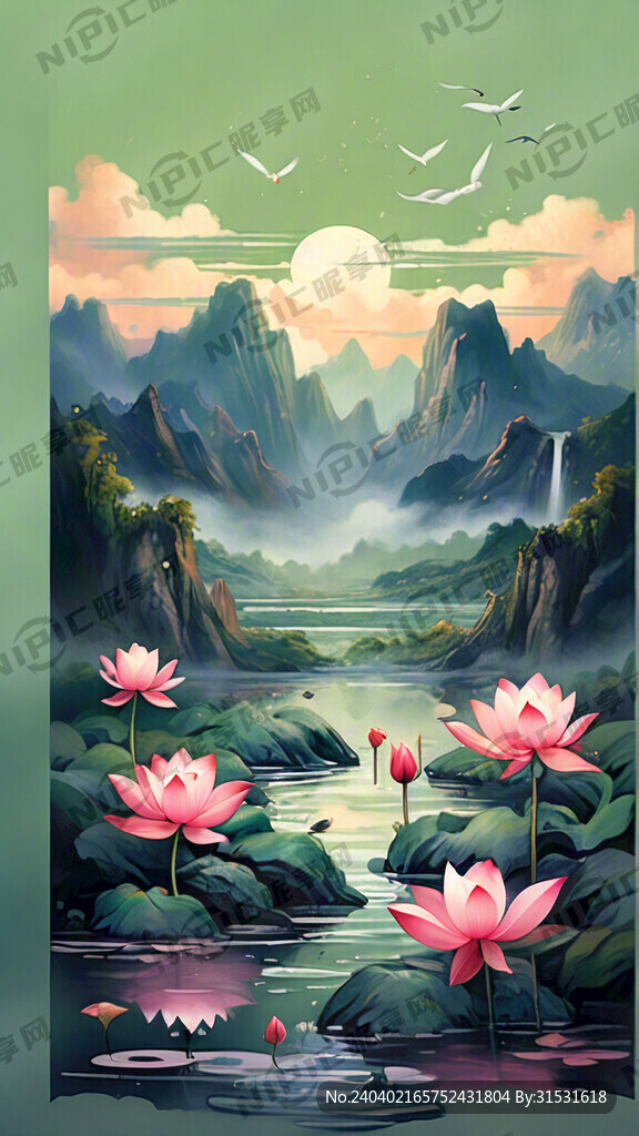 山水画 绿色背景 荷花 国画