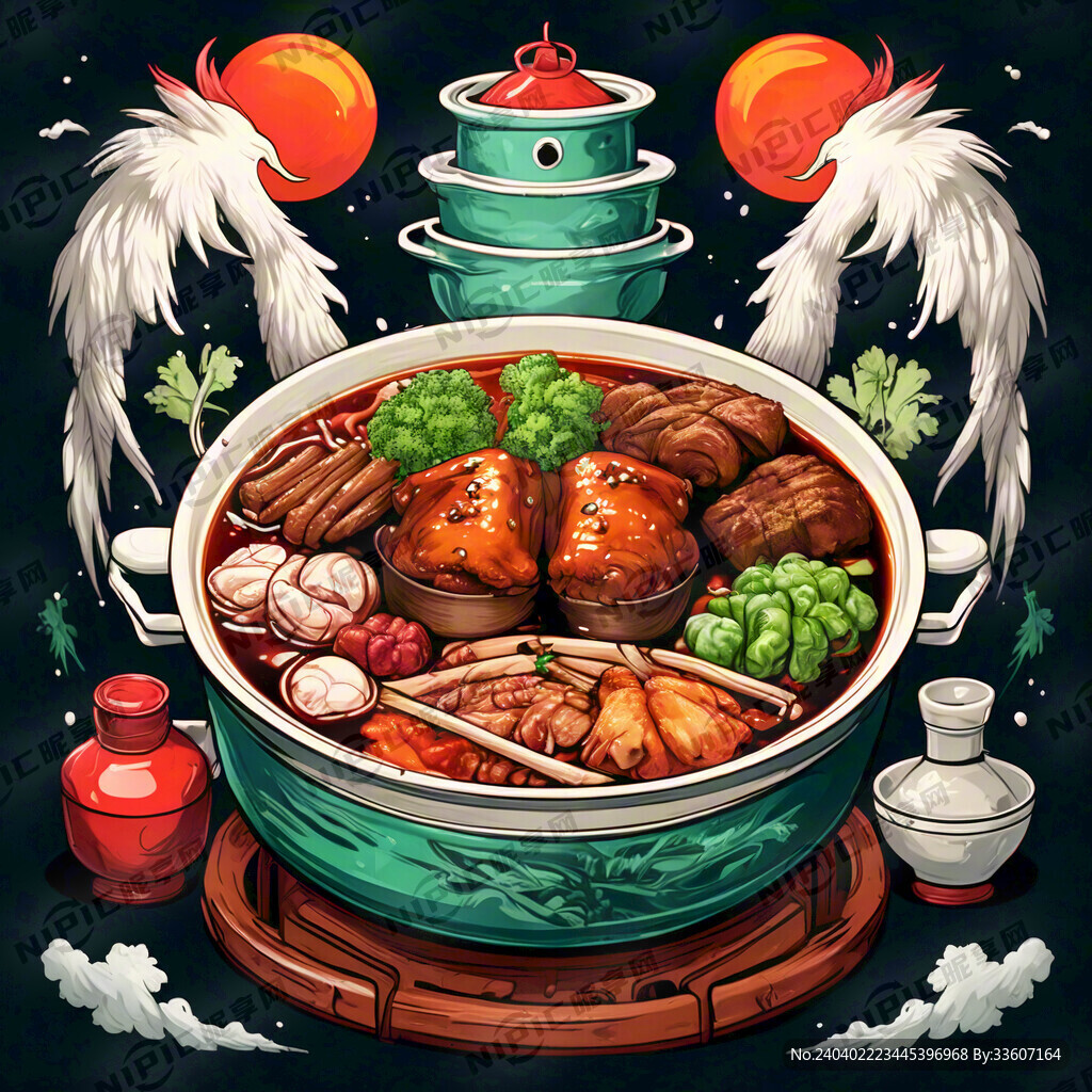 啫啫煲 国潮 鸡煲 插画风
