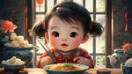 很多种中国风，中国菜插画，一个可爱的小孩在等着吃