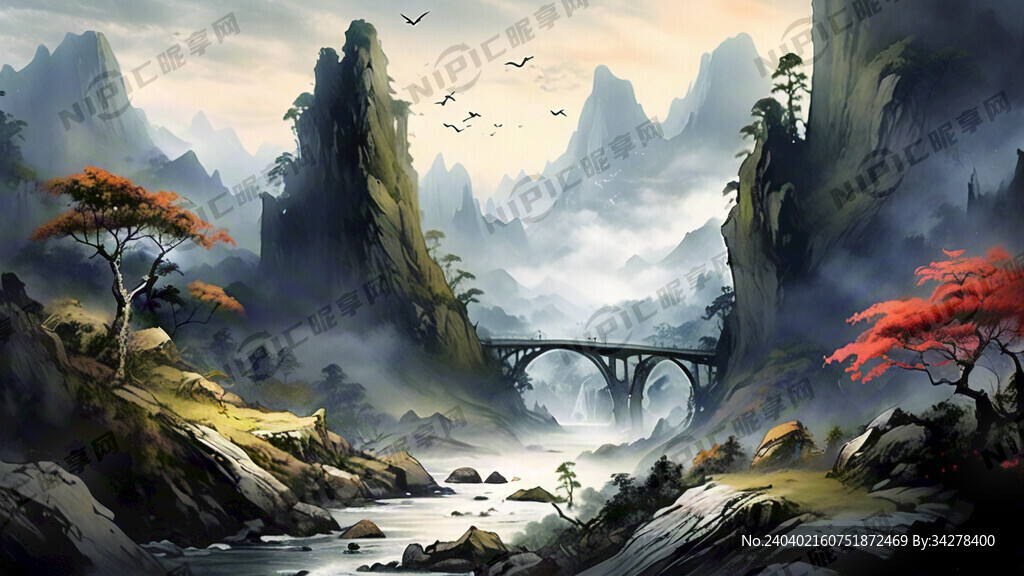 山谷 中国风 中国画 山水