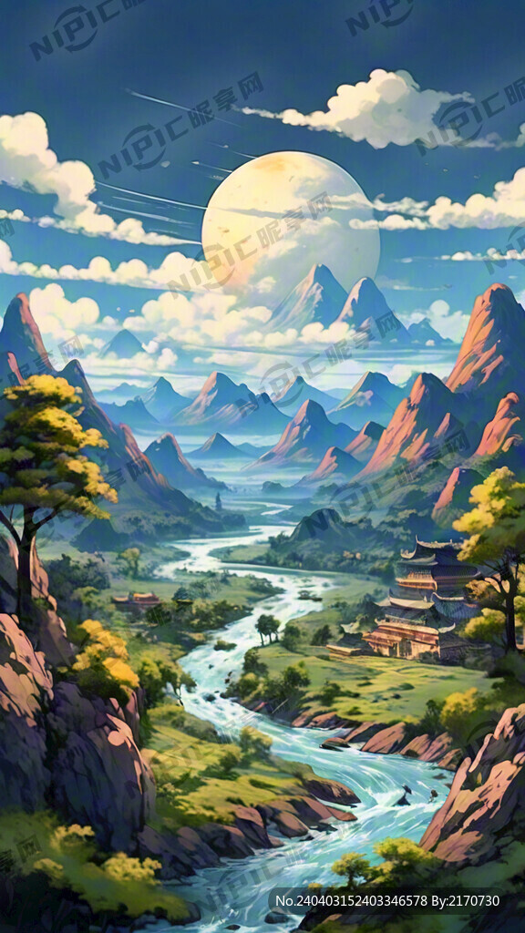 插画山水 国潮风格 河流 国风