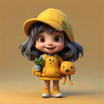 卡通小女孩带黄帽子抱个胡萝卜