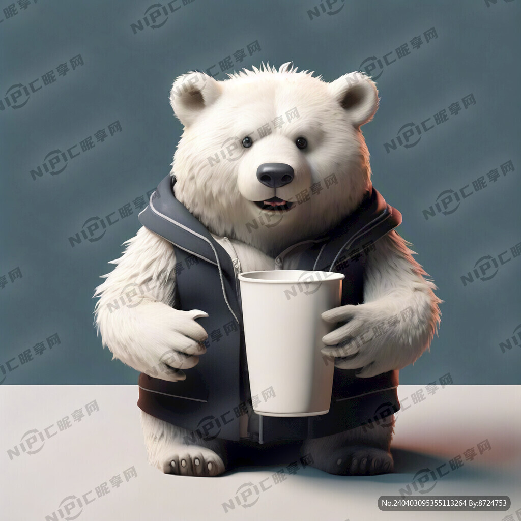 3d白熊 双手抱一杯饮料
