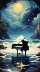 孤岛钢琴大海音乐油画