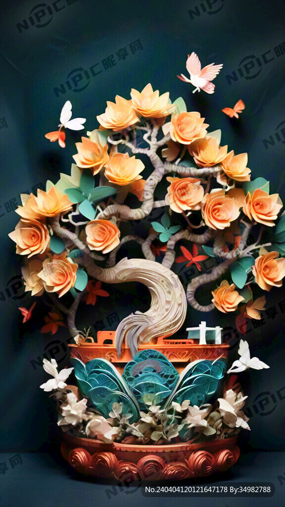 发财树 聚宝盆 衍纸