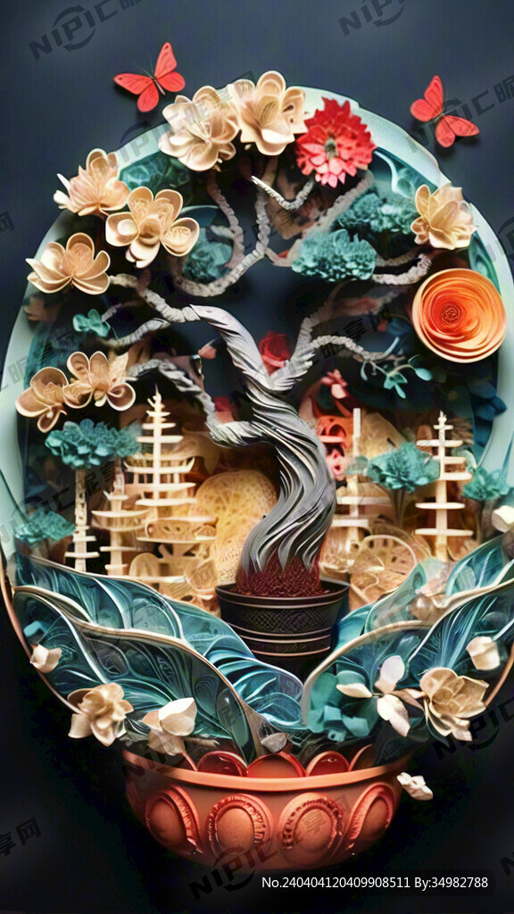 发财树 聚宝盆 衍纸